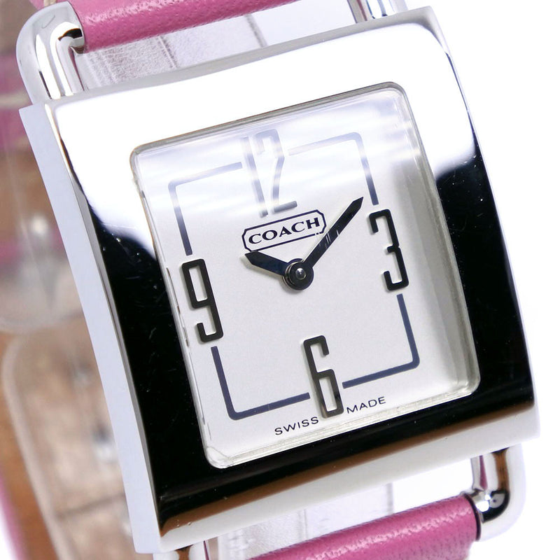 [教练]教练手表0221不锈钢X皮革粉红色石英模拟显示银色表盘女士