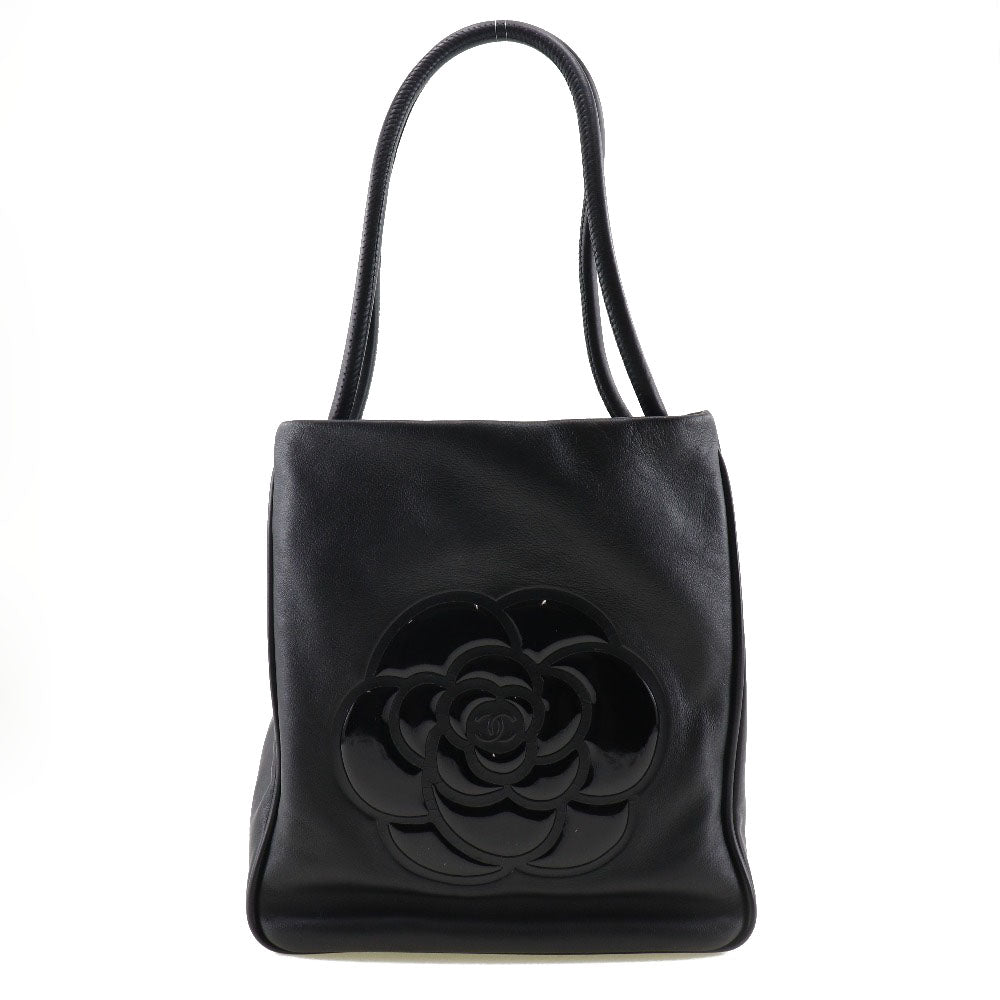 CHANEL】シャネル カメリア トートバッグ ロゴ ラムスキン×エナメル 黒