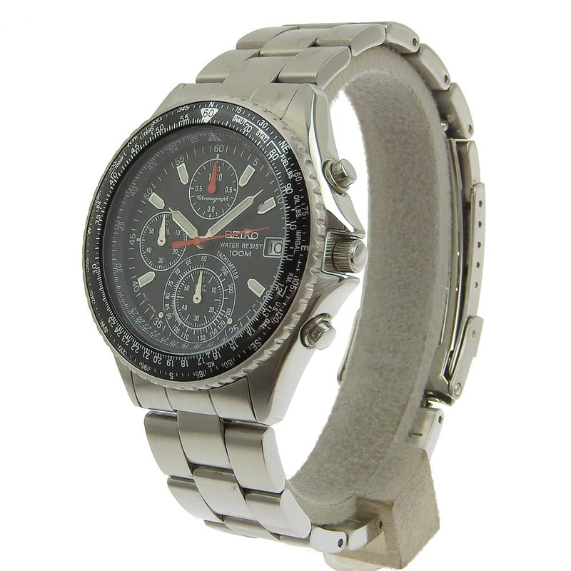 [Seiko] Seiko V657-8120 Acero inoxidable Carronógrafo Silver Quartz Men Black Dial Watch A-Rank