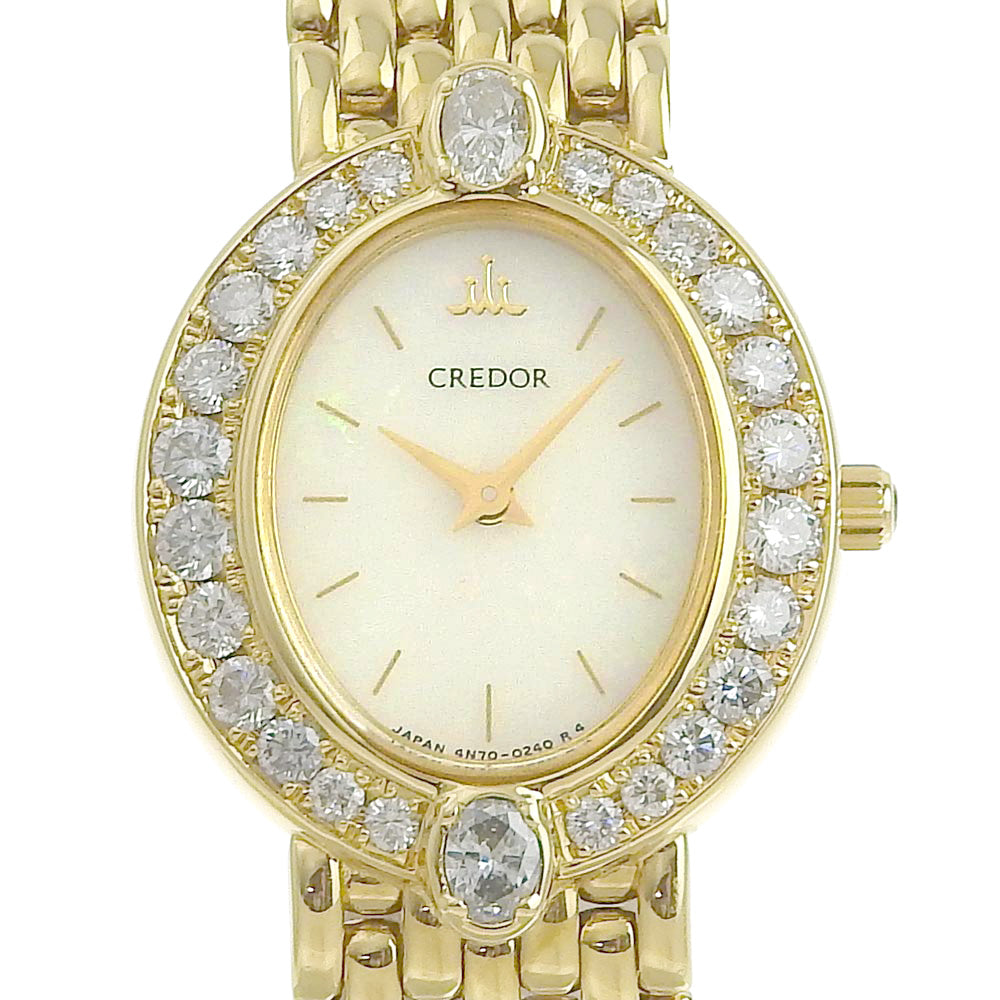 【SEIKO】セイコー, クレドール ダイヤベゼル 4N70-5030 K18イエローゴールド×ダイヤモンド クオーツ アナログ表示 レディース  ホワイトシェル文字盤 腕時計, A-ランク