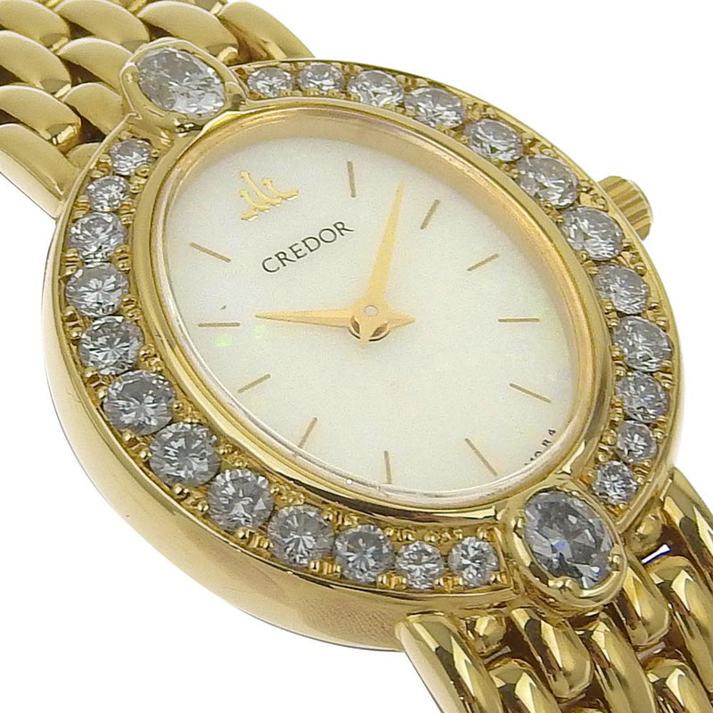 [Seiko] Seiko Credor Diamond Besel 4N70-5030 K18 Yellow Gold x Diamond Quartz Analog Ladies White Shell Dial Watch A-Rank