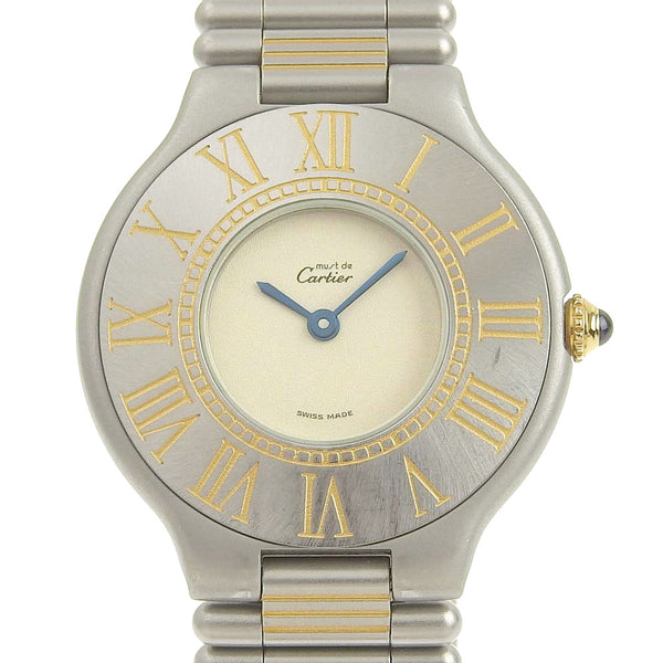 [Cartier] Cartier debe 21 Reloj de dial de marfil de cuarzo de plata de acero inoxidable de acero inoxidable de acero inoxidable