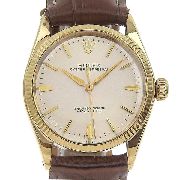 【ROLEX】ロレックス
 オイスターパーペチュアル 腕時計
 cal.1130 6551 K14イエローゴールド×レザー 茶 自動巻き シルバー文字盤 Oyster perpetual ボーイズ