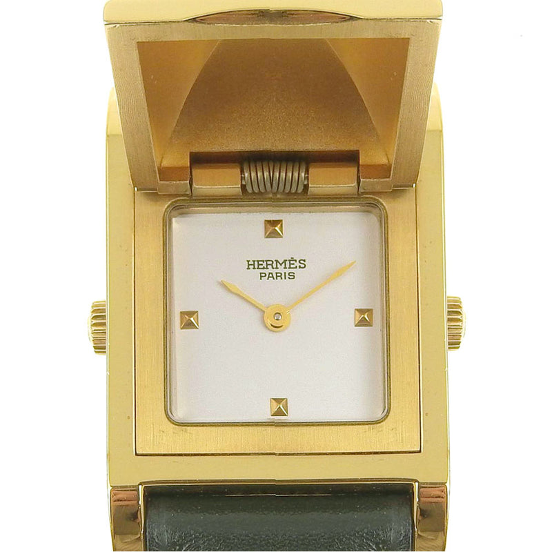 【HERMES】エルメス メドール 金メッキ×レザー ダークグリーン（緑） 〇X クオーツ アナログ表示 レディース 白文字盤 腕時計