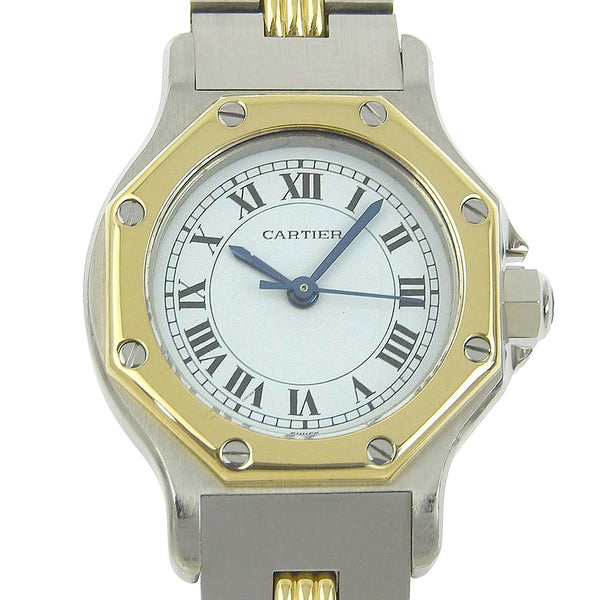 [Cartier] Cartier Santo Suscutagon SM AC9.80 Gold & Steel Silver Automatic Wrap Dames White Down Watch B-Rank