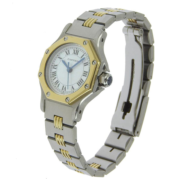 [Cartier] Cartier Santo Suscutagon SM AC9.80 Gold & Steel Silver Automatic Wrap Dames White Down Watch B-Rank