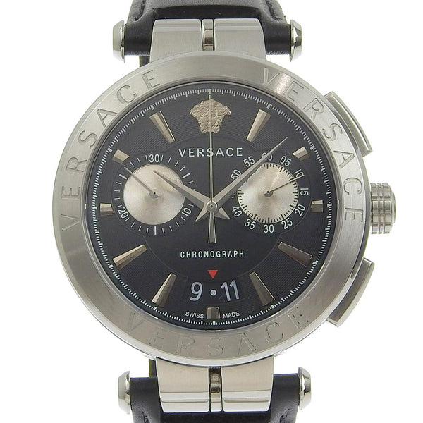 [Versace]范思哲 
 离子45mm手表 
 VE1D00819不锈钢X皮革银色石英编号器黑色表盘1.8“男士A级
