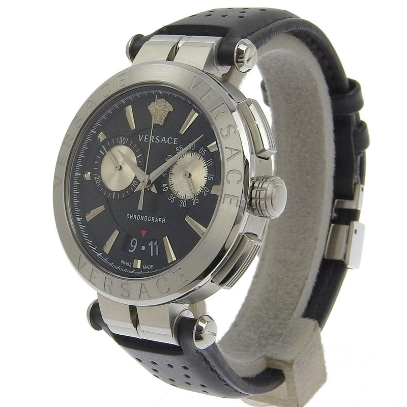 [VERSACE] Versace 
 Ion 45mm Watch 
 VE1D00819 Stainless Steel x Leather Silver Quartz Chronograph Black Dial Aion 1.8 "Men's A Rank