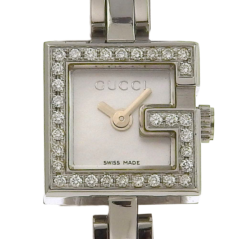 【GUCCI】グッチ
 Gロゴ 腕時計
 ダイヤベゼル 102 ステンレススチール×レザー シルバー クオーツ アナログ表示 シルバーシェル文字盤 G logo レディース