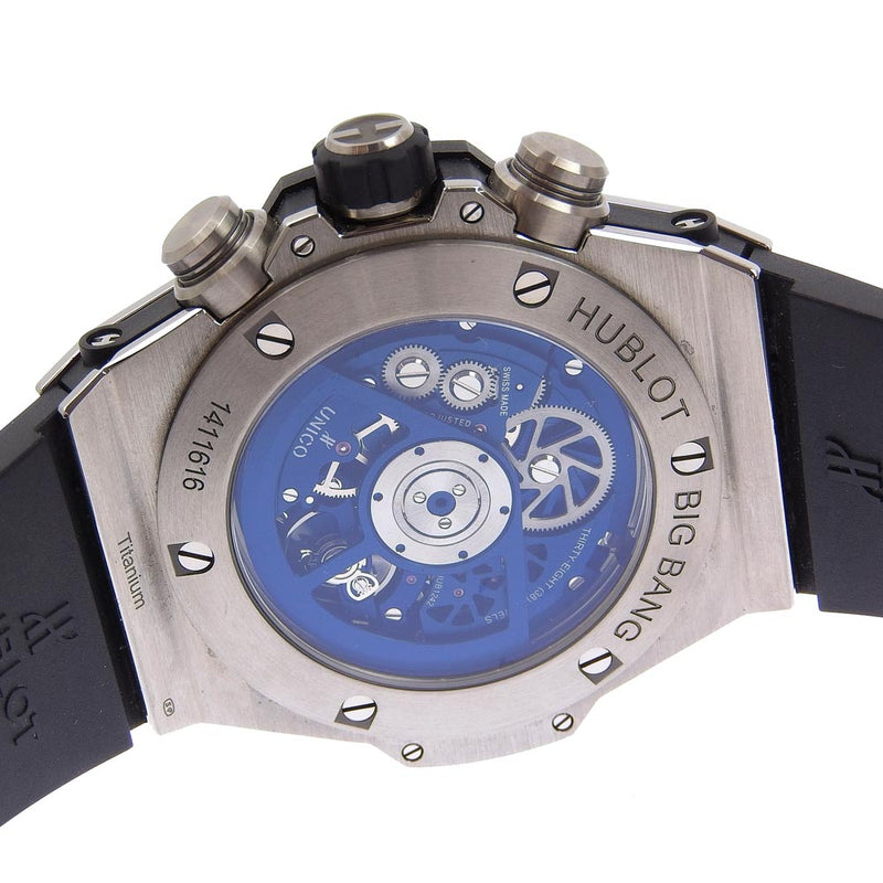 【HUBLOT】ウブロ
 ビッグバン 腕時計
 ウニコ 裏スケルトン 411.NX.5179.RX ステンレススチール×チタン×ラバー ブルー 自動巻き クロノグラフ ブルー文字盤 BIG BANG メンズAランク